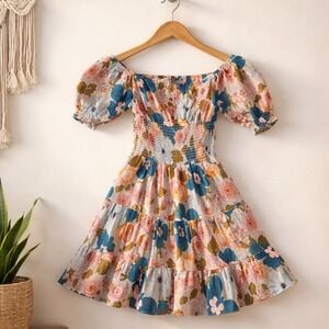 Boho Hippie Festival Floral Mini Milkmaid‎ Summer Dress Tiered Cottagecore Chic